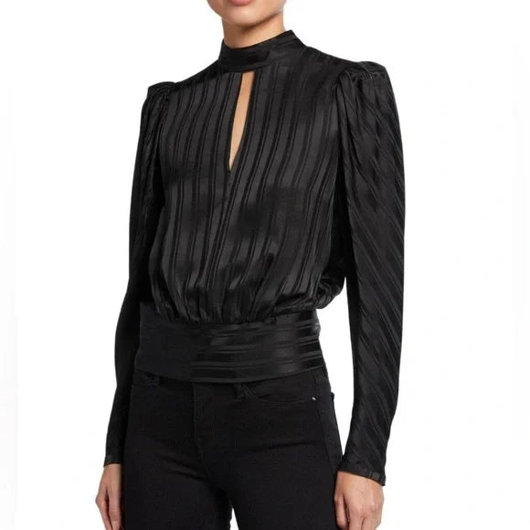 Frame Jacquard Silk Keyhole Blouse Black Puff Shoulder Top Sz M