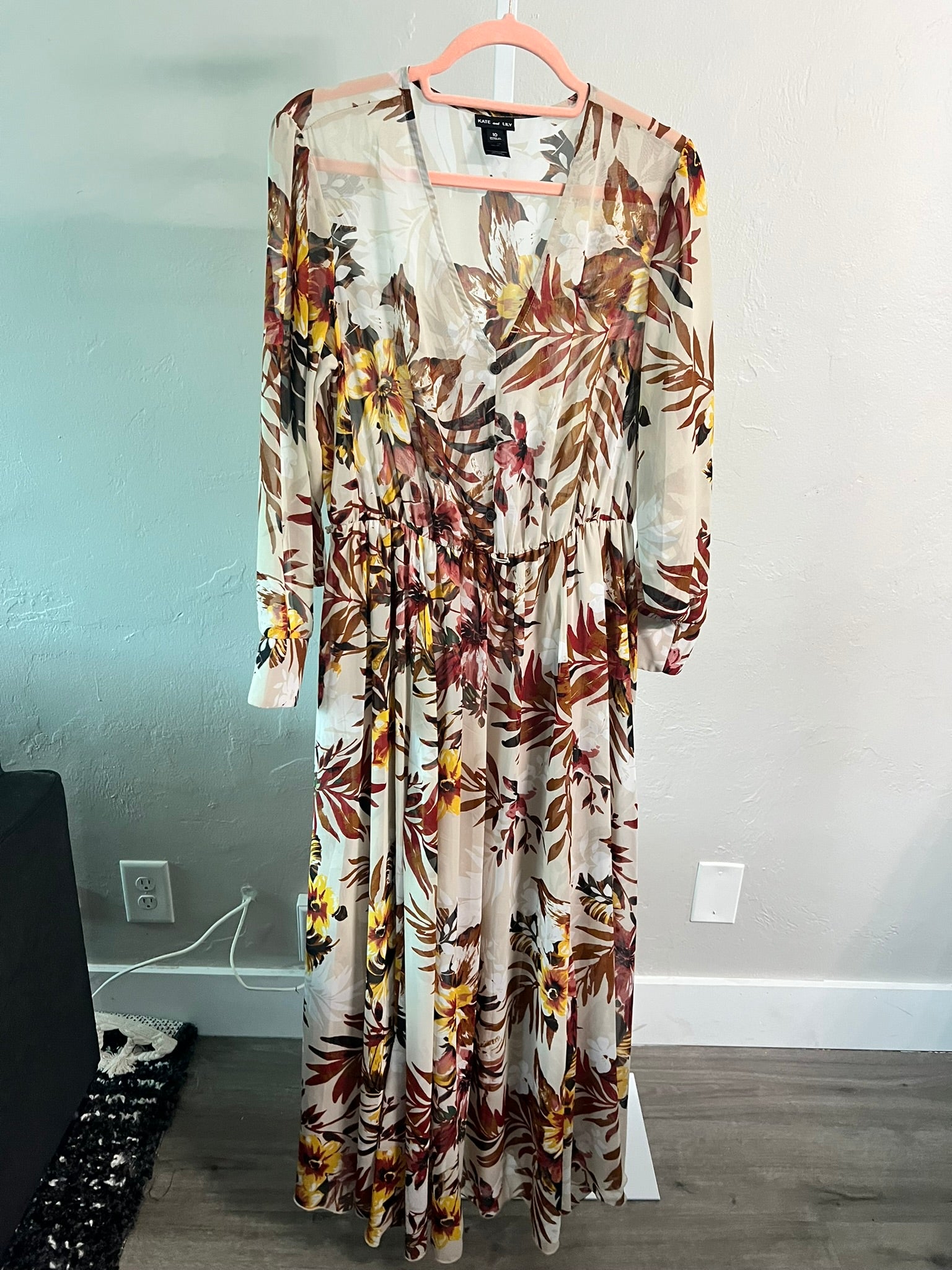 0805 Kate and Lily sheer fall maxi leaves floral dress autumn size 10 City Girl Styled