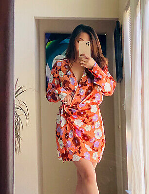 0805 ZARA WOMAN FLORAL SATIN DRESS NEON ORANGE sz XXL