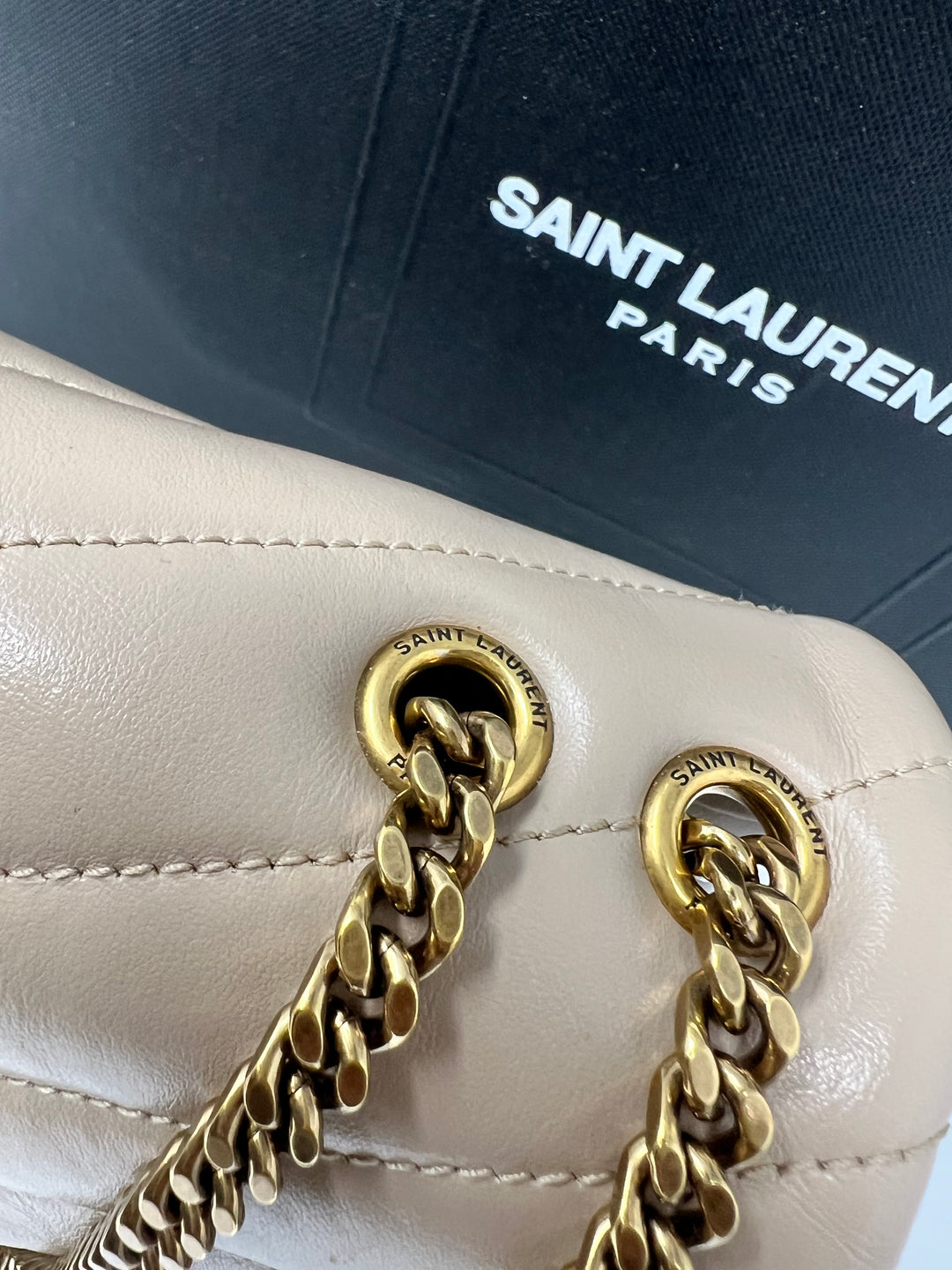 Authentic Saint Laurent YSL Loulou Medium Quilted Leather Chain Bag – Neutral Beige
