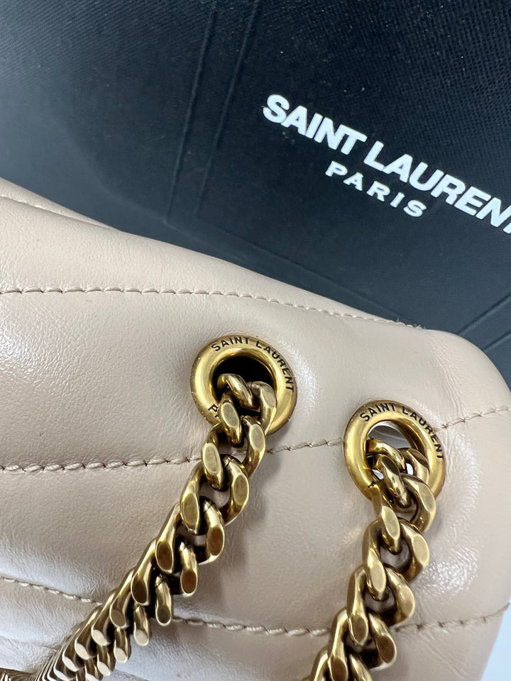 Authentic Saint Laurent YSL Loulou Medium Quilted Leather Chain Bag – Neutral Beige