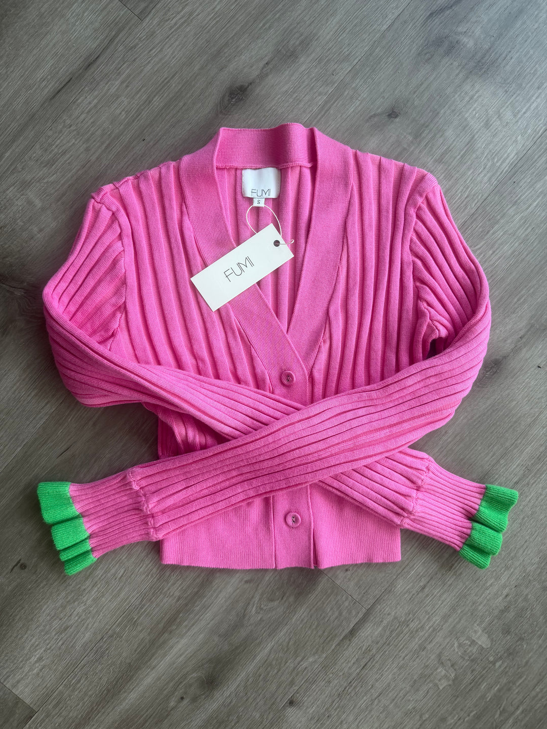 FUMI THE LABEL Dahlia sweater skirt set cardigan sz S XS pink green NWT new