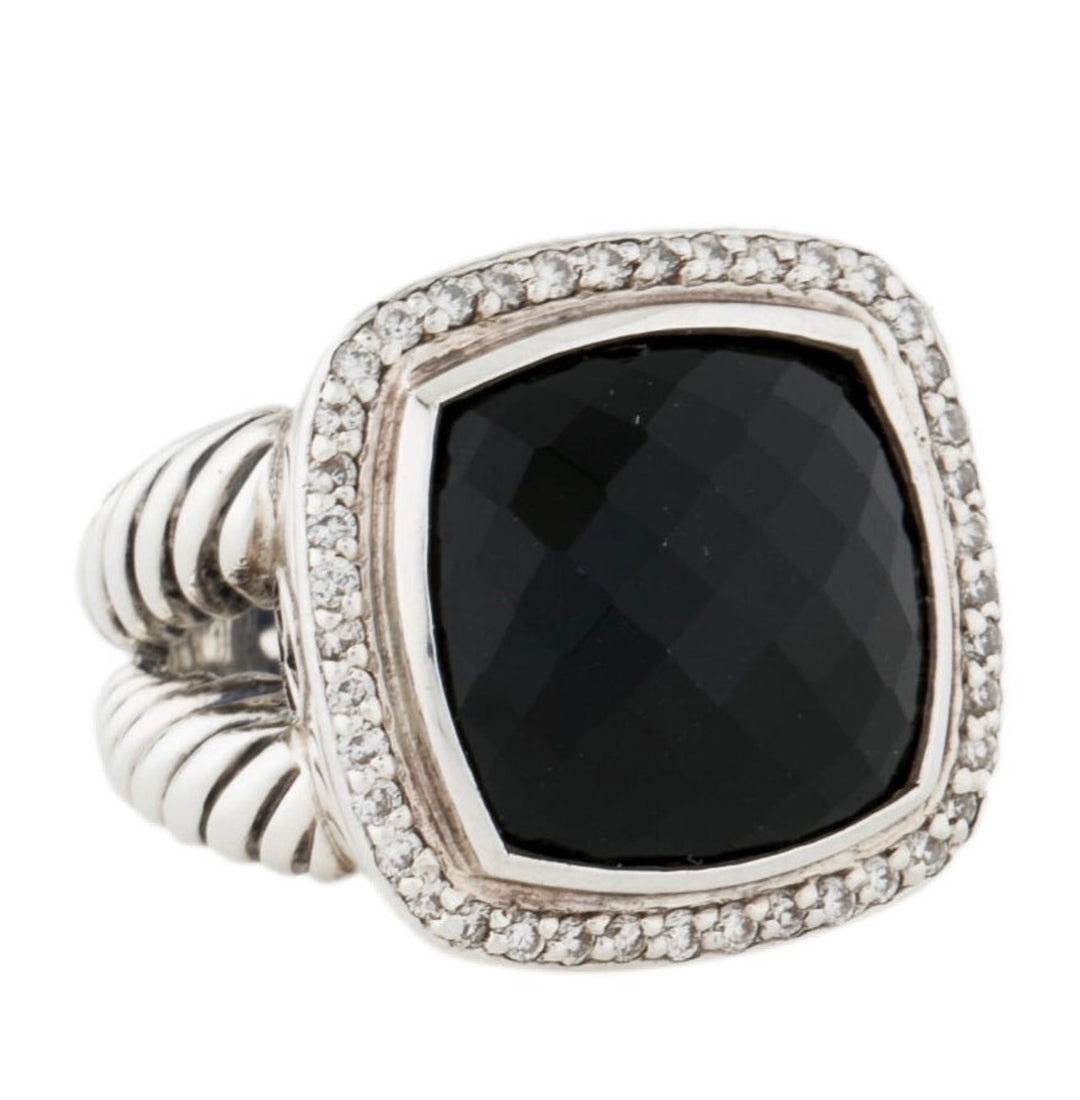 David Yurman black onyx diamond Albion cocktail ring sz 7 silver DY  authentic