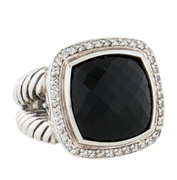 David Yurman black onyx diamond Albion cocktail ring sz 7 silver DY  authentic
