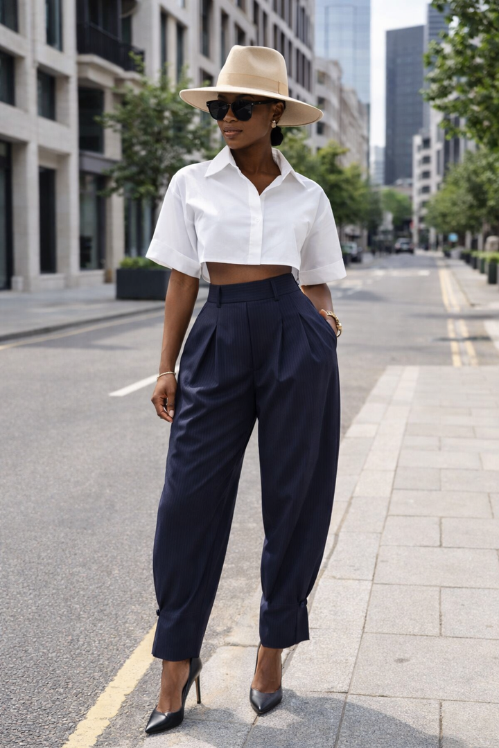 ZARA Navy High-Waist pinstriped Pleated balloon Pants sz L NWT
