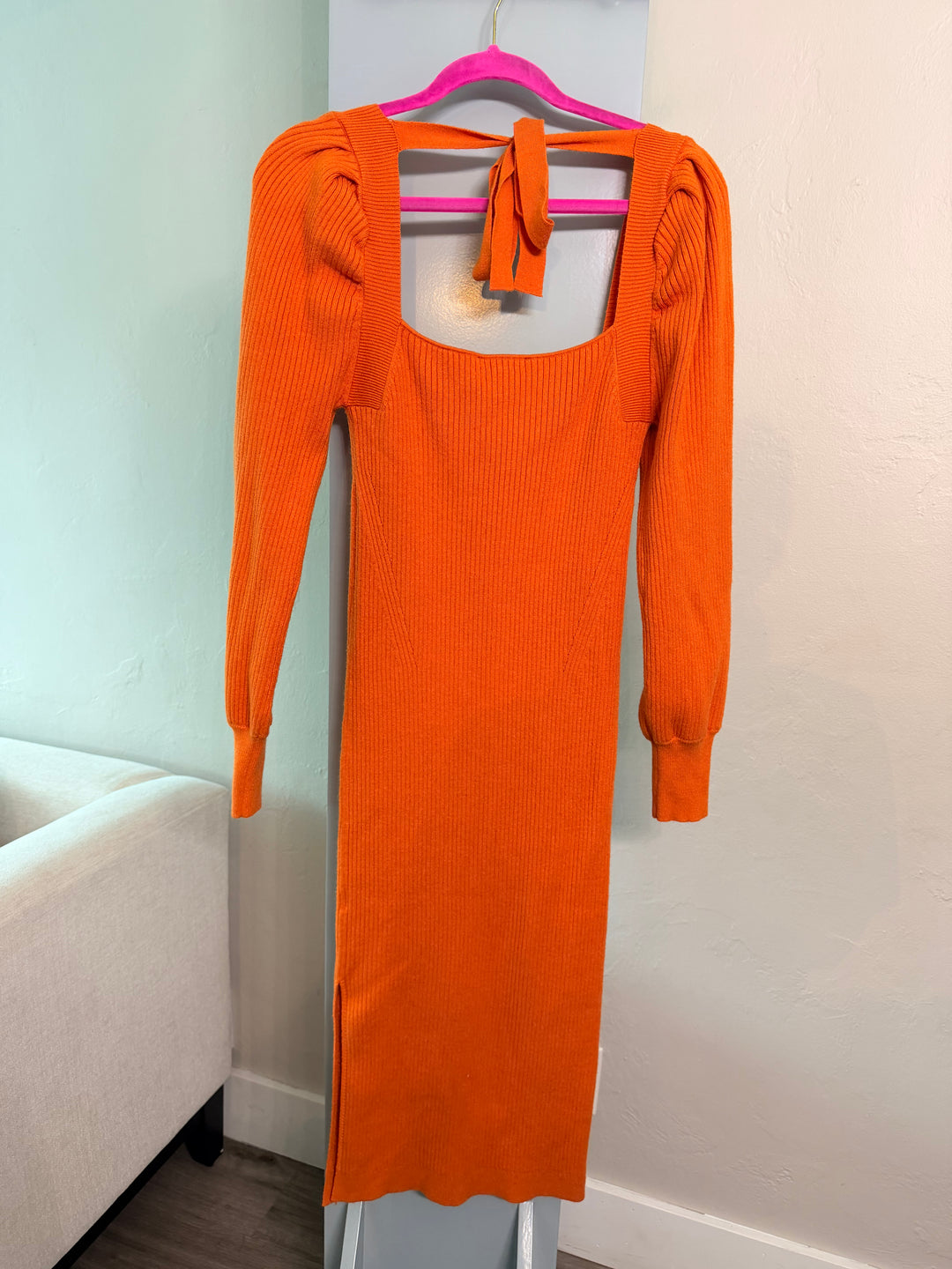 House of Harlow 1960 Orange Ribbed Long Sleeve Midi Dress sz M (orig $158)