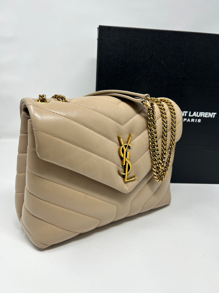 Authentic Saint Laurent YSL Loulou Medium Quilted Leather Chain Bag – Neutral Beige