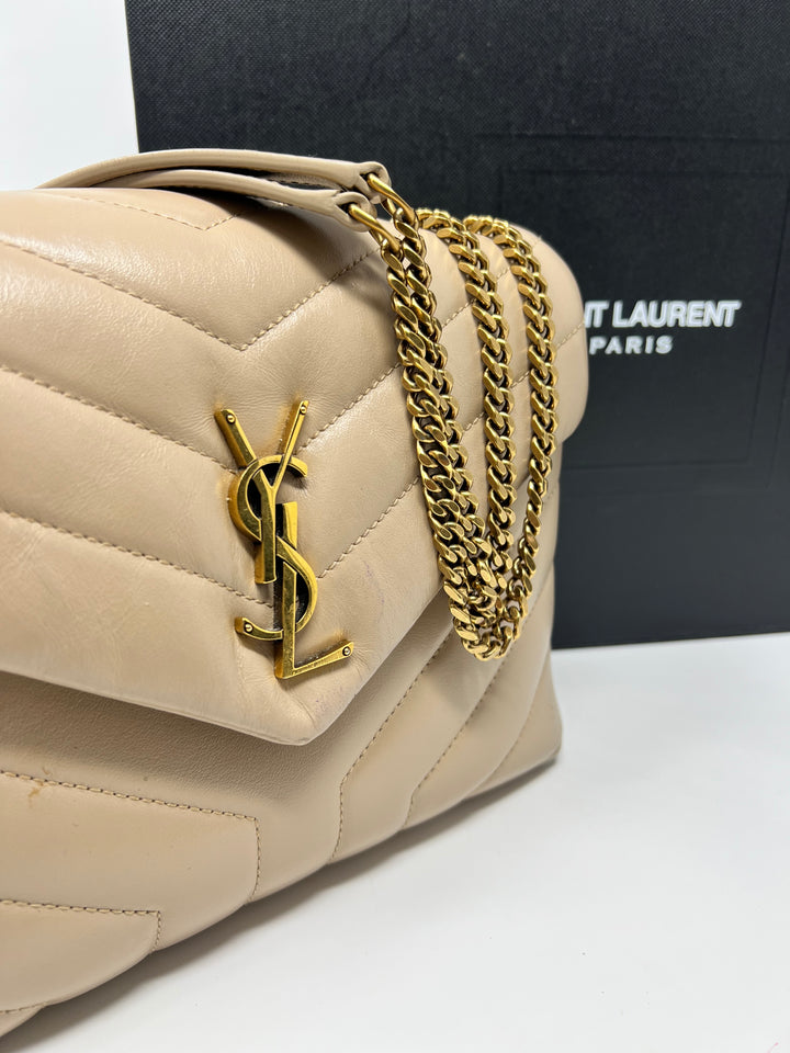 Authentic Saint Laurent YSL Loulou Medium Quilted Leather Chain Bag – Neutral Beige