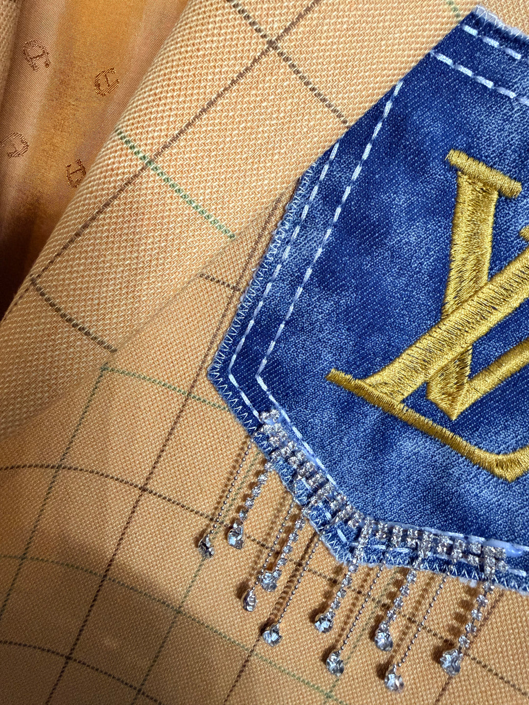 Custom Designer Patch Statement Blazer denim yellow sz 8