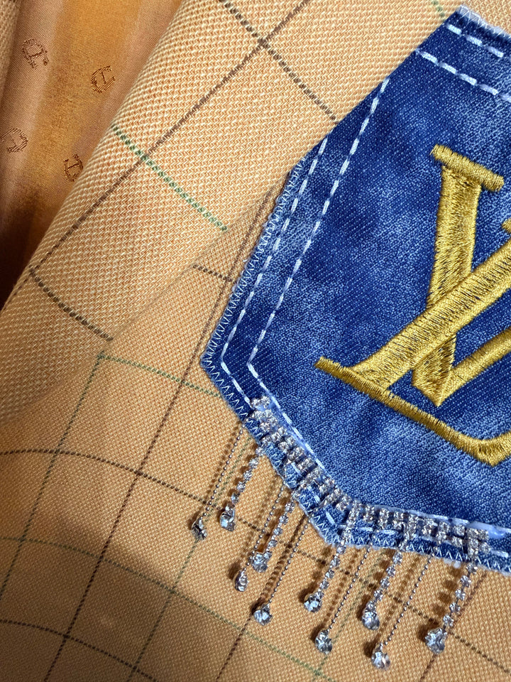 Custom Designer Patch Statement Blazer denim yellow sz 8