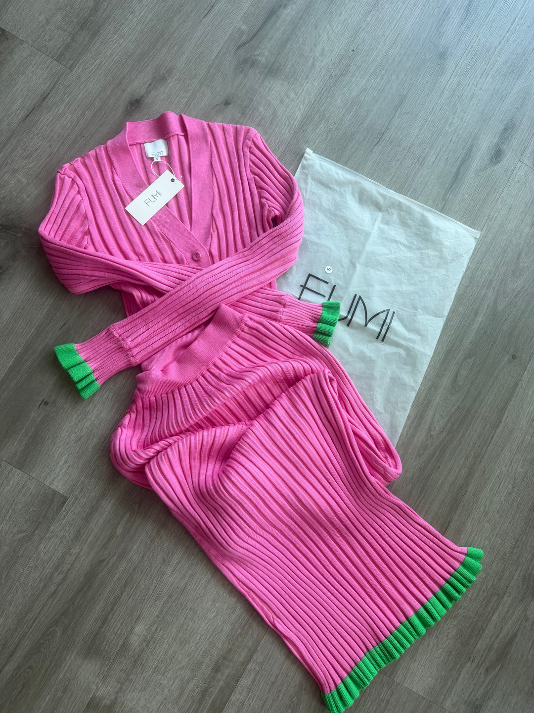 FUMI THE LABEL Dahlia sweater skirt set cardigan sz S XS pink green NWT new