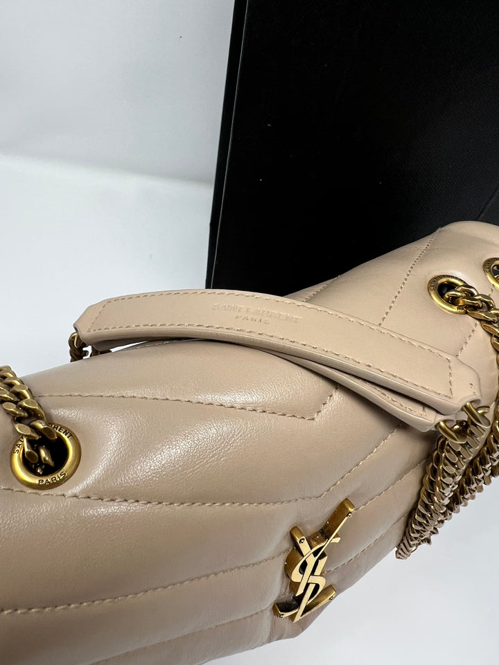 Authentic Saint Laurent YSL Loulou Medium Quilted Leather Chain Bag – Neutral Beige