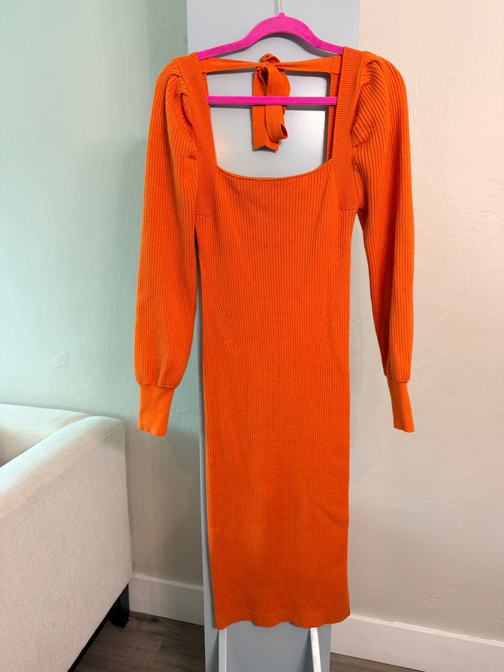 House of Harlow 1960 Orange Ribbed Long Sleeve Midi Dress sz M (orig $158)