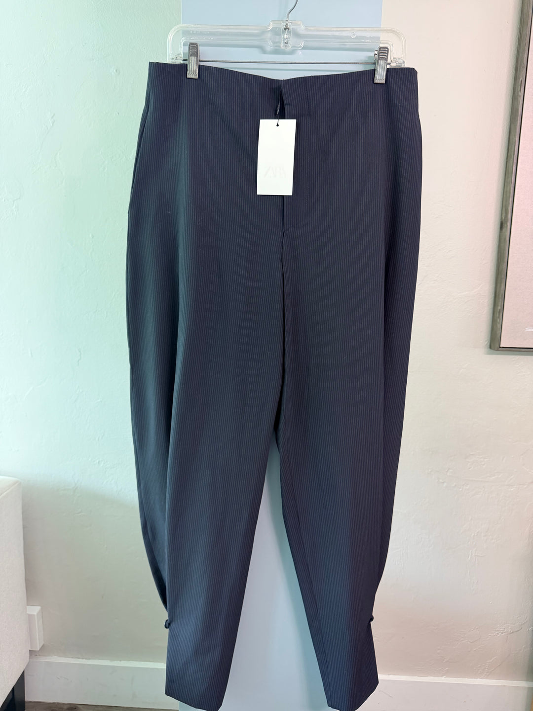 ZARA Navy High-Waist pinstriped Pleated balloon Pants sz L NWT