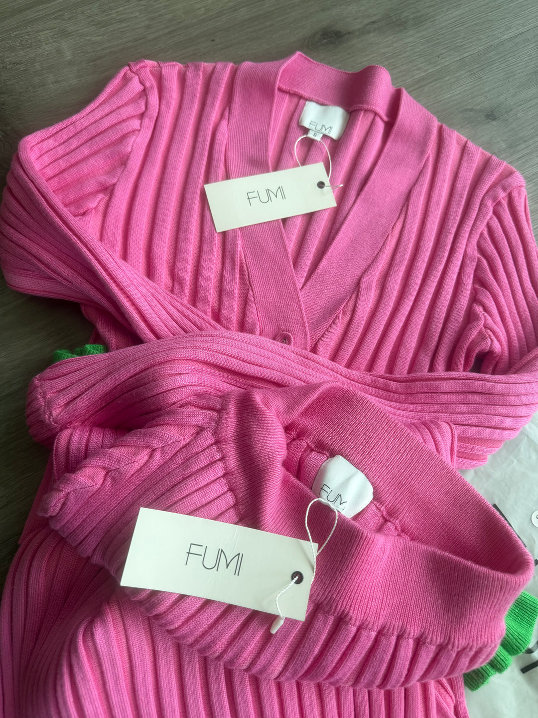 FUMI THE LABEL Dahlia sweater skirt set cardigan sz S XS pink green NWT new