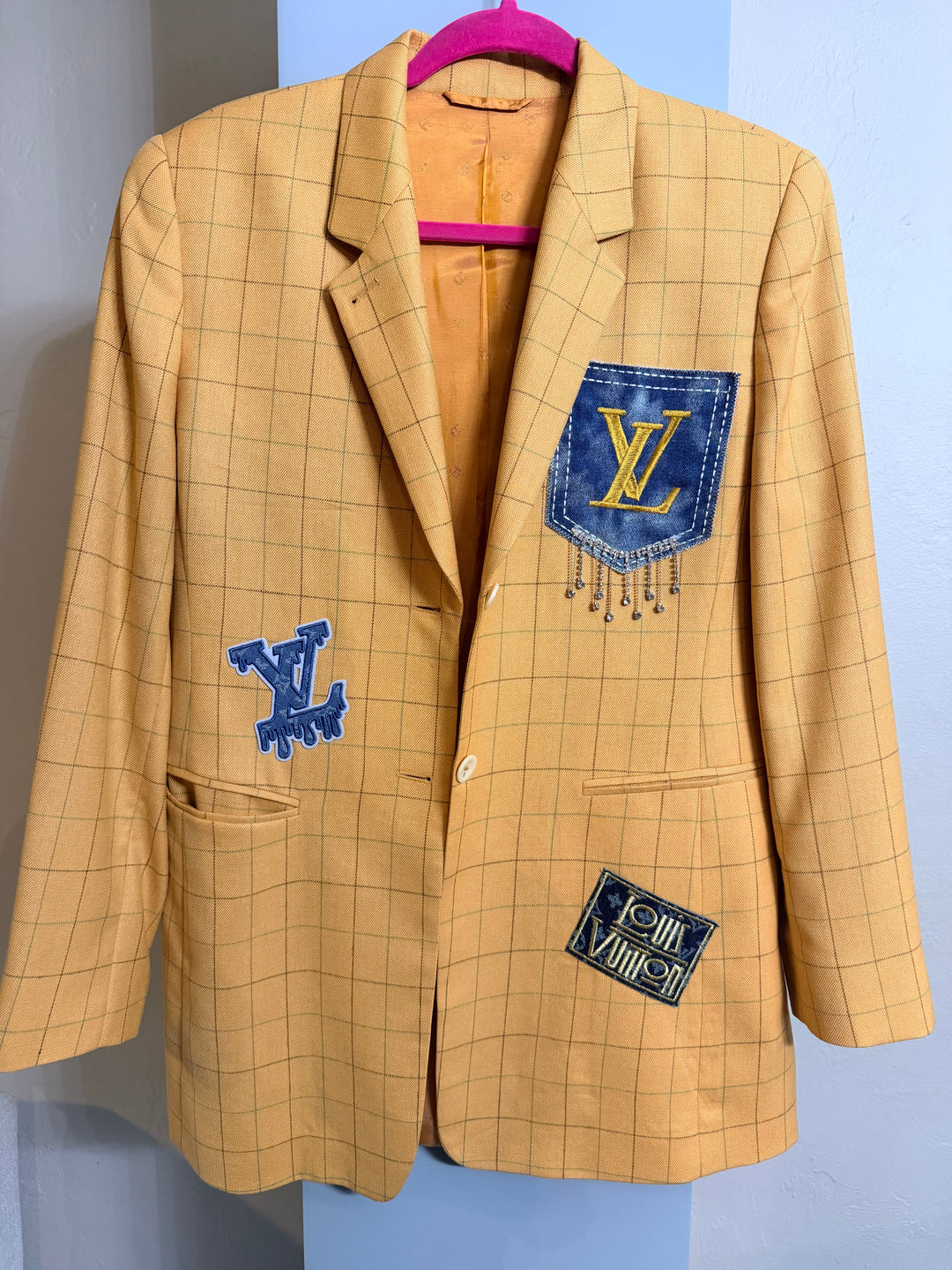 Custom Designer Patch Statement Blazer denim yellow sz 8