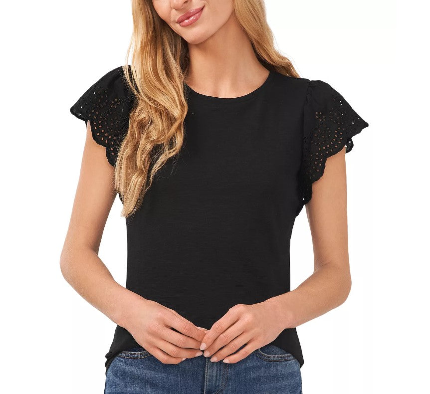 0805 CeCe black Embroidered Crewneck Tee sz Large (retail $49)