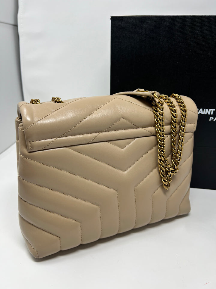 Authentic Saint Laurent YSL Loulou Medium Quilted Leather Chain Bag – Neutral Beige