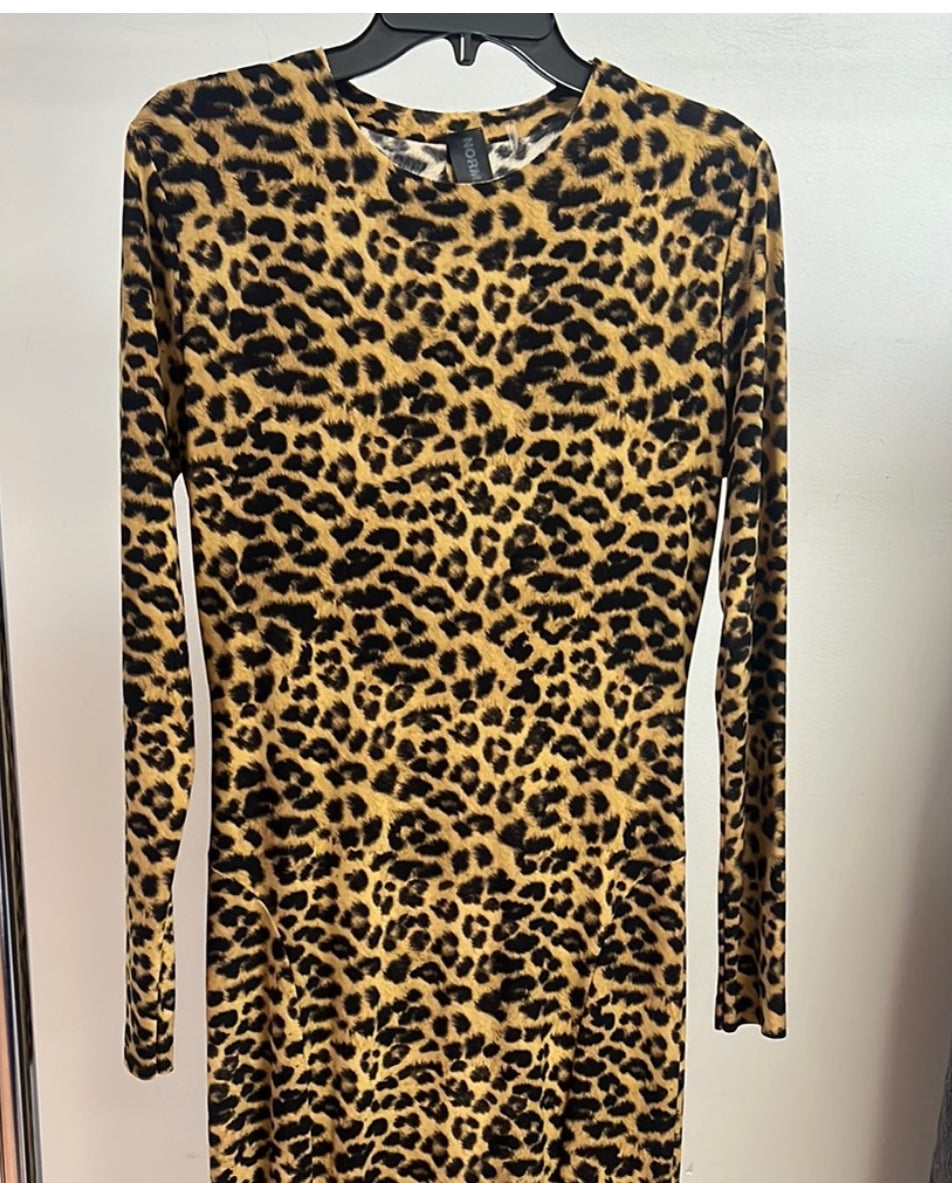 NORMA KAMALI Crew leopard Fishtail maxi Dress long sleeve sz M