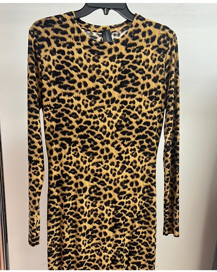 NORMA KAMALI Crew leopard Fishtail maxi Dress long sleeve sz M