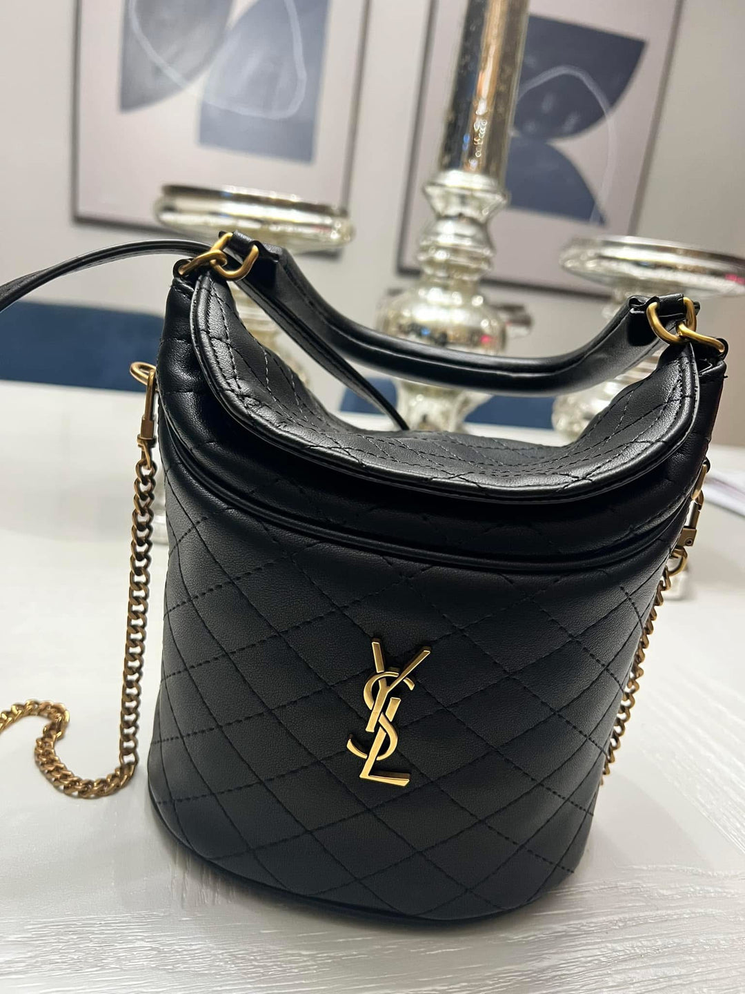 Black quilted bucket crossbody purse