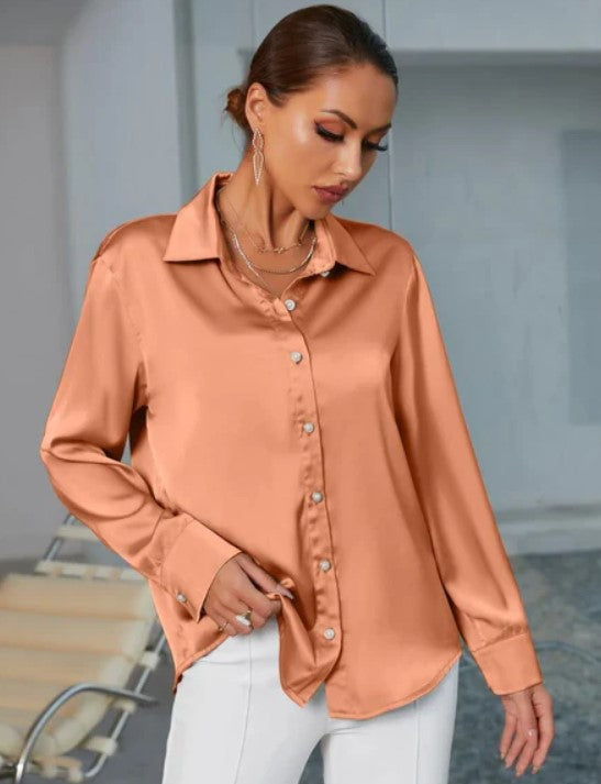 0805 SHEIN Curved Hem Satin Coral blouse Orange sz S