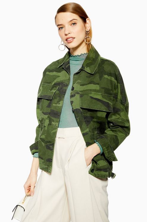 0805 TOPSHOP Oversized Green Camouflage Denim Jacket - Size 6