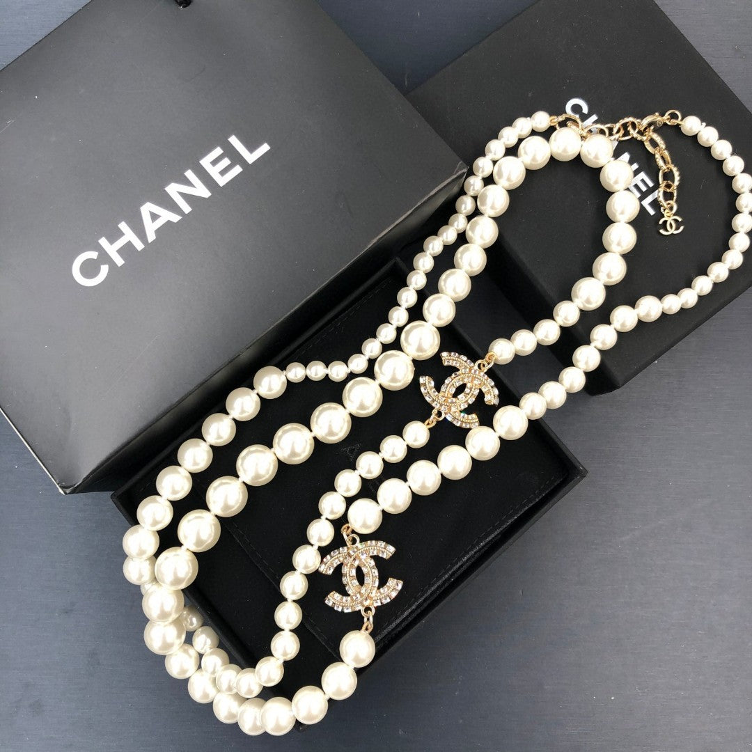 Chanel Style Long Two Layer Pearl Necklace